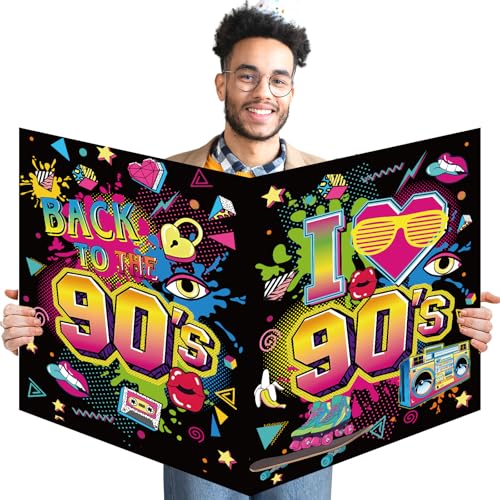 90’s Party Decorations Back to The 90's Theme Greeting Cards I Love 90’s Guest Book Signature Board Disco Hip Hop Party Decorations Neon 1990s Throwback Decor Large Greeting Card for Party Supplies