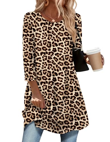 Zeagoo Plus size Blouses For Women Leopard Print Top Womens 3/4 Sleeve Blouse 70s Shirt Large