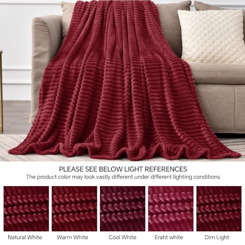Image of BEDELITE Fleece Throw Blanket for Couch - 3D Ribbed Jacquard Soft and Warm Decorative Fuzzy Blanket - Cozy, Fluffy, Plush Lightweight Burgundy Throw Blankets for Bed, Sofa, 50x60 inches