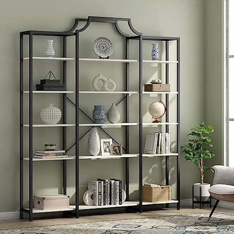 Auromie Triple Wide 5-Tier Bookshelf, 70.87" L x 79.13" H Extra Large Bookcase, Tall Open Etagere Display Shelf with Metal Frame, Freestanding Modern Storage Shelves for Home Office, Black&White Cover