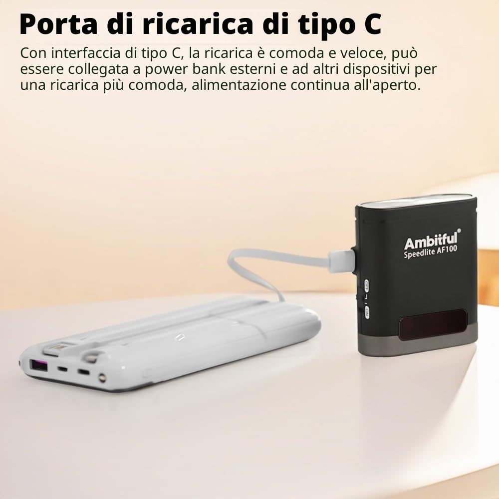 Ambitful Flash AF100 Mini Flash - Flash per fotocamera GN12, 8 livelli di potenza, batteria integrata da 2000 mAh Speedlite manuale compatibile per Canon/Sony/Ricoh gr3/Nikon/Fuji 0.1~1.8S riciclo