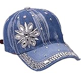 Bling Baseball Cap Frauen Spitze Blume Strass Denim Jeans Snapback Hip Hop Hut - Blau - Einheitsgröße