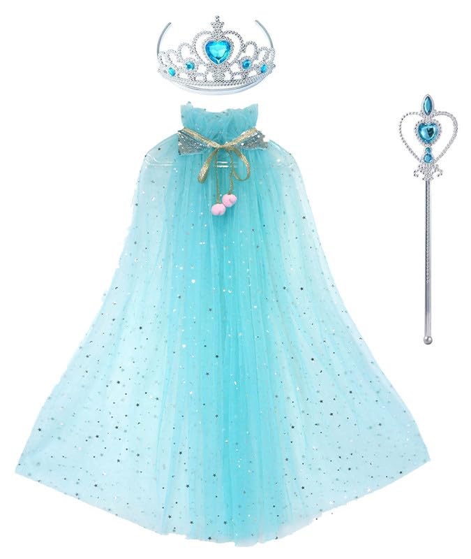 Image of Princess Cape for Girls - Colorful Sequin Cloak with Crown and Wand for Birthday, Halloween, Fancy Dress & Carnival