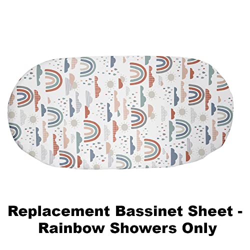 Image of F-Price Replacement Sheet for Fisher-Price Soothing View Bassinet - GPN07 ~ Replacement Bassinet Sheet ~ Rainbow Showers, Peach, White. Blue