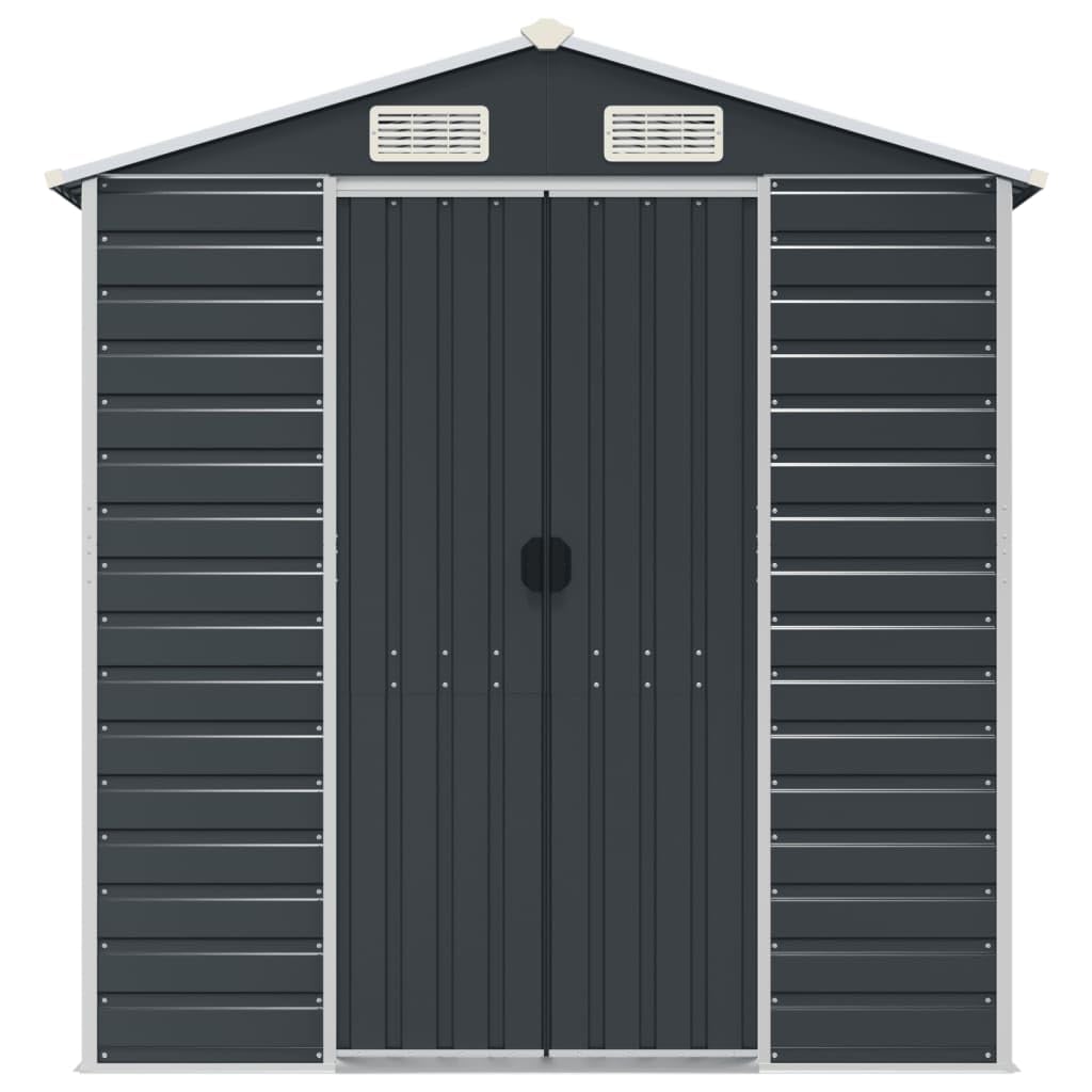 Gerätehaus Anthrazit 191x385x198 cm aus Verzinktem Stahl mit Schrägdach und 4 Lüftungsöffnungen für Gartengeräte und Brennholz Lagerung