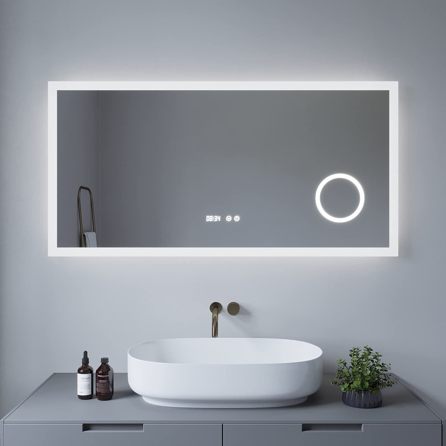 Led Badspiegel mit Digital Uhr 120x60 cm Schminkspiegel mit Beleuchtung