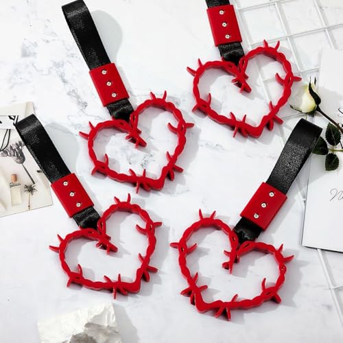 Image of 4 Pieces Heart Handle Keychains Car Accessory Heart Hand Strap Drift Charm for Car Interior Exterior Decoration(Red,Thorns)