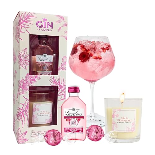 Pink Gin & Candle Gifts for Women - Flavoured Gin 5cl Miniature Alcohol Bottles, Scented Candle & 2 x Strawberry Chocolate Truffles. Gin Gift Set for Birthday Gifts, Christmas Stocking Fillers