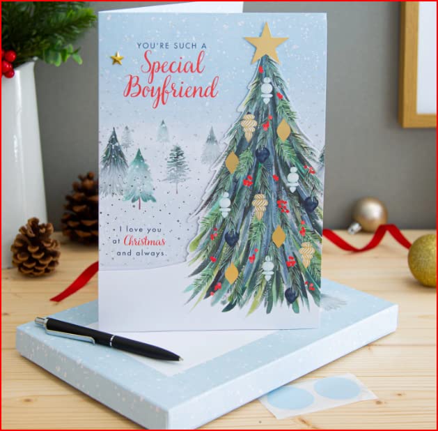 Hallmark Medium Luxury Boxed Christmas Card for Special Boyfriend - Classic Winter Scene with Tree Design