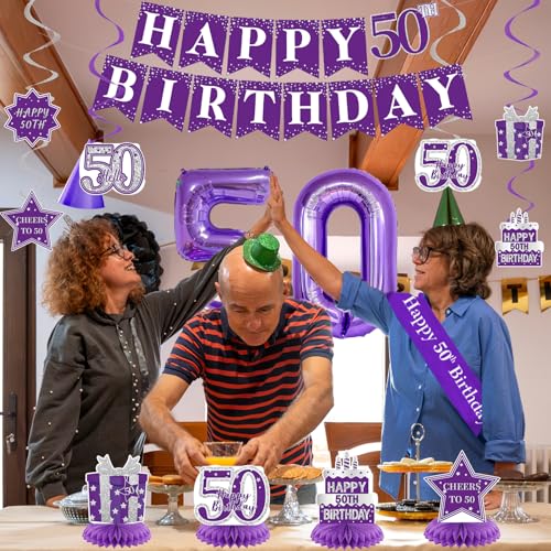 Image of Crenics Purple 50th Birthday Decorations for Women - Back in 1976 Backdrop, Banner, Swirls, Centerpieces, Sash, Paper Pom Poms, Cake Topper and Balloons for 50 Birthday Party Supplies