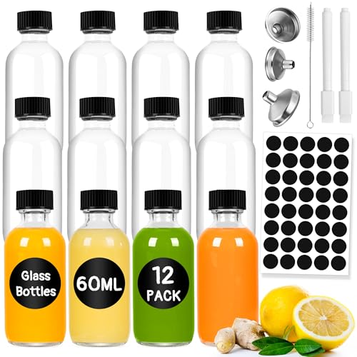 Gucass Lot de 12 Mini Bouteille Verre, 60ml Petit Bouteilles à Shot de Jus, Fiole en Verre Shot à Remplir, Mini Bouteille Shot Ginger avec Entonnoir,...