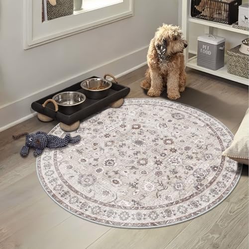 NYZEL Washable Small Round Rug Soft Floral Low Pile Non Slip 2round Beige | Small Oriental Floor Mat for Nursery Kitchen Laundry Room,Rubber Backing,Farmhouse Decor for Family with Pets & kids