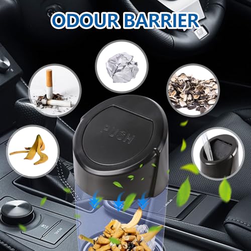 Image of Hovom Mini Car Trash Can with Lid, Portable Garbage Can for Car, Leakproof Cup Holder Automotive Garbage Bin with 2 Rolls of Trash Bags, Small Trash Storage Can for Car Home Office(Black)
