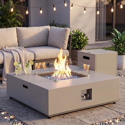 NICESOUL 40' Outdoor Square Propane Fire Pit Table with Hidden Tank Desk, 50,000 BTU Natural Gas Fireplace for Backyard Patio, CSA Certified Firepit with Tempered Glass Guard & Cover, Concrete Grey