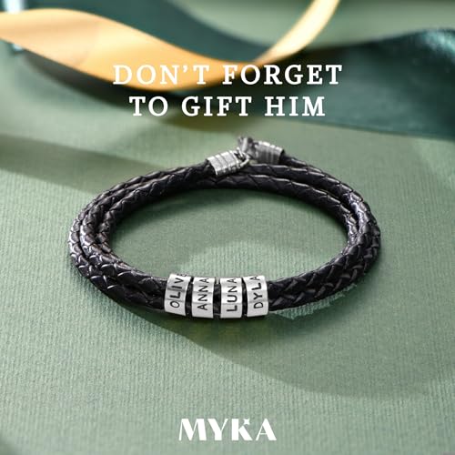 Personalized Braided Leather Bracelet with Silver or Gold Beads for Him, Men - Custom Gift for Father's Day - Genuine Leather - Engraved Sterling Silver or 14K Solid Gold Beads - By MYKA4