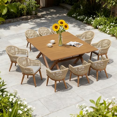 Image of PURPLE LEAF 12 Pieces Patio Dining Set with Outdoor Aluminium Dining Table and Woven Chairs Modern Metal Furniture Cushions Sets for Garden Yard Indoor Decor Kitchen Teak