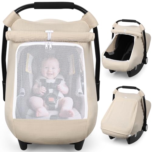 Image of Rquite Car Seat Cover Baby, Carseat Covers Girl Boy, Breathable Muslin Cotton, Large Mesh Window, Infant Car Seat Canopy Baby Carrier Cover Stroller Sun Shade for Summer & Hot Day, Beige