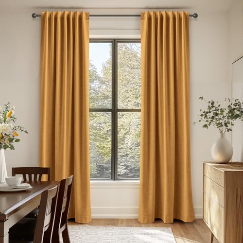 Image of 100% Blackout Shield Linen Blackout Curtains for Bedroom 90 Inches Long,Back Tab /Rod Pocket Living Room Drapes,Thermal Insulated Textured Blackout Curtains 2 Panels Set,50 inch W x 90 inch L,Mustard Yellow