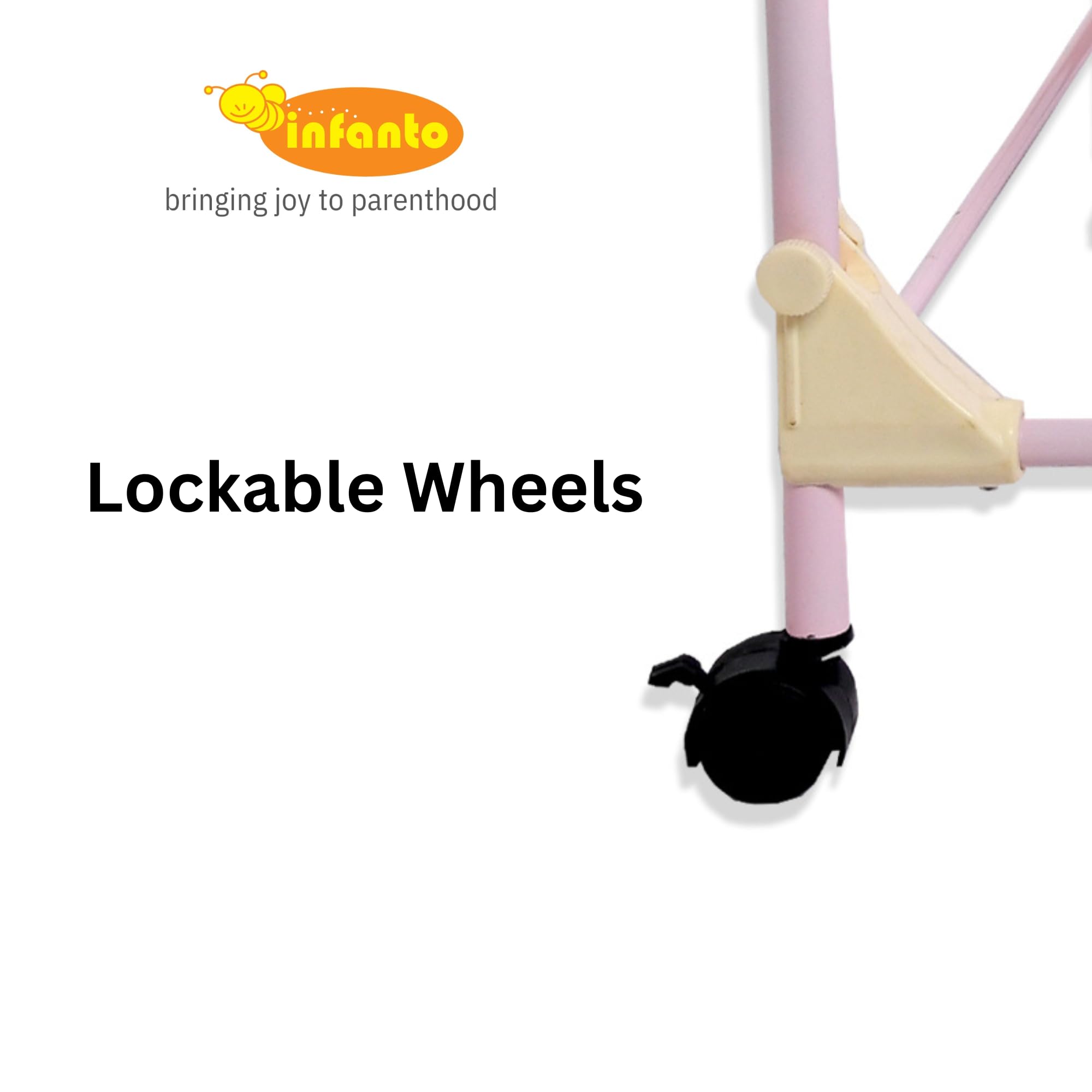 Infanto Cocoon Baby Cradle | Palna | Jhula - Sturdy Metal Frame, Mosquito Protection Net, Lockable Wheels, Swing Lock, Soft Fabric | 0 to 12 Months (Pink) - Image 5 thumbnail