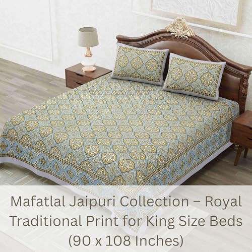 Image of Mafatlal 144 TC Pure Cotton Jaipuri King Size Bedsheet with 2 Pillow Covers| Blue Glow | 90 x 108 Inches | Premium Print | Breathable, Soft & Durable Bedsheet for Comfort