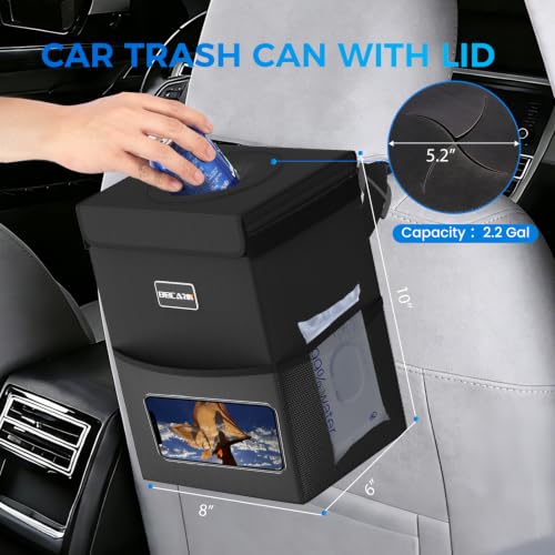 Image of Beicarin Car Trash Can with Lid - Trash Bag Hanging with Storage Pockets Leak-Proof Collapsible and Portable Waterproof Garbage Bin, 2.05 Gallons Multipurpose Trash Bin for Car