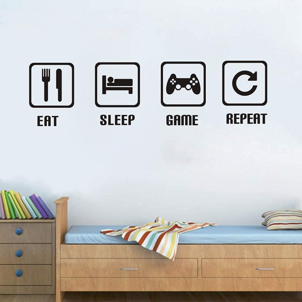 TOARTi Eat Sleep Game Repeat Wall Sticker Video Gamer Wall Sticker Game Room Decor Children Gift Nursery Boys Room Wall Vinyl Decal Lettering Stickers Home Decor