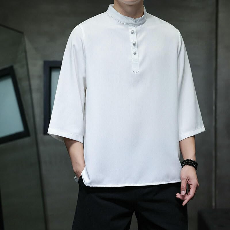 Chemise d'été homme lin ample à col montant rétro chic