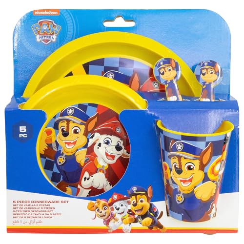 STOR Set Vaisselle Enfant 5 Pièces Pat' Patrouille - Gobelet Assiette Bol Couverts Plastique Résistant Sans BPA - Repas Enfants