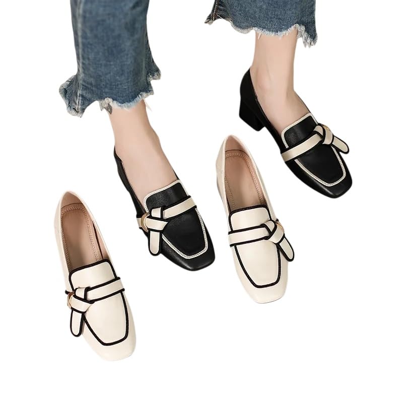 Scarpe Tacco Donna,Stile retrò, Testa Quadrata, Tacchi Spessi, Pelle Morbida