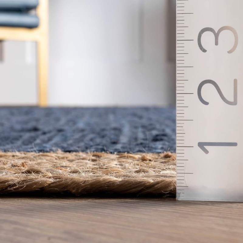 Tapis bohème chic en jute naturelle tressé à la main – Décoration rustique pour salon, salle à manger et chambre à coucher – Bleu marine – 2,1 x 3 m