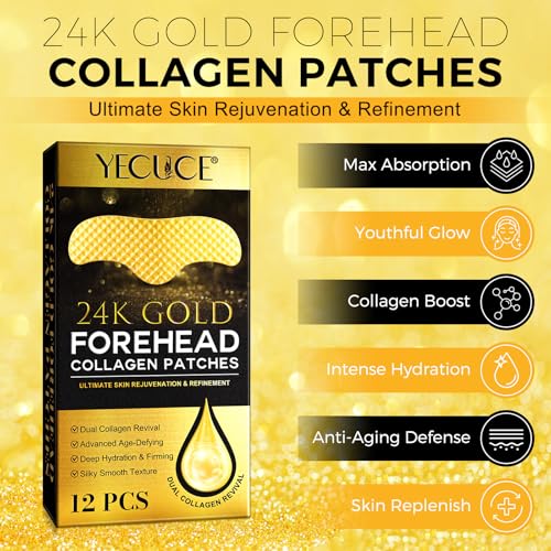 ZIXAOK 24K Gold Forehead Patches, 20 Minute Wrinkle Smoothing Patches with Dual Collagen & Hyaluronic Acid, Anti Aging Face Patches for Visible Results, Luxury Skin Care Treatment for Fine Lines (12 Pcs)