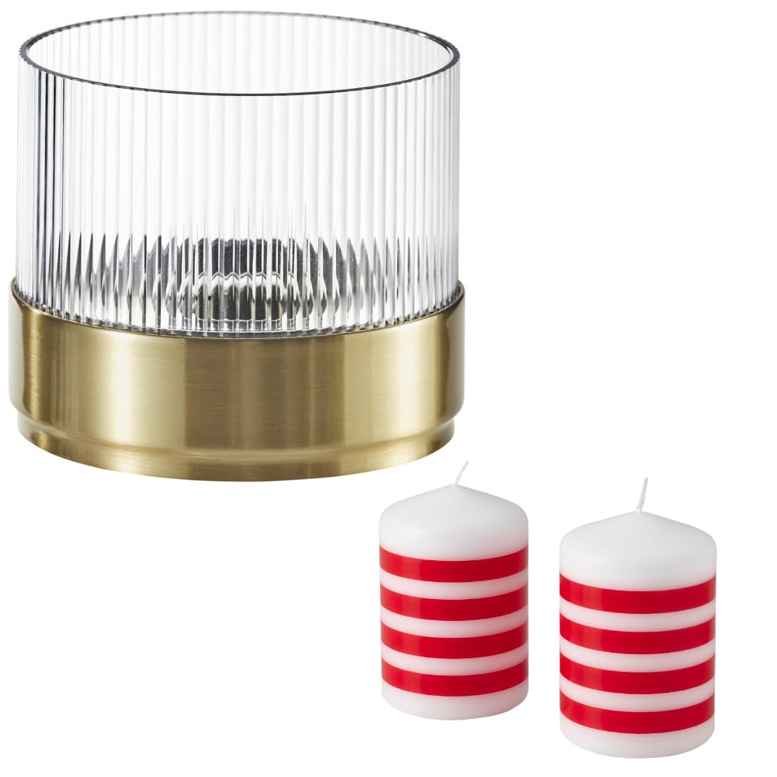 Ikea SNÖRPTRÅD LED Table Decoration, Battery-Operated Brass-Colour with Unscented Pillar Candle - Stripe Pattern red/White 10 cm-image-12