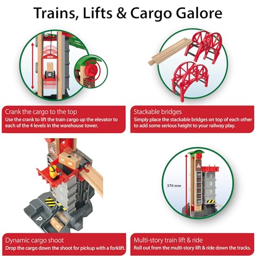 Image of BRIO World Lift & Load Warehouse Set - 32-Piece Wood Train Set - Works with All Wooden Railway Sets - Includes 4-Level Elevator, Vehicles, Tracks & Full Station - MESH Accredited for Ages 3+