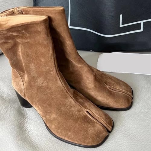 ZQW Cute Suede Ankle Boots for Women with Tabi Style Design Round Mid Heel Fashion Short Boots for Casual Daily Wear Office2
