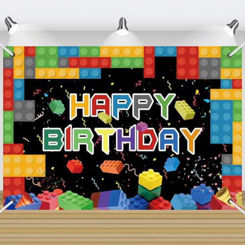 3x5ft Building Block Birthday Backdrop, Happy Birthday Decoration Background, Cute Brick Theme Party Supplies Outdoor Indoor Photo Banner