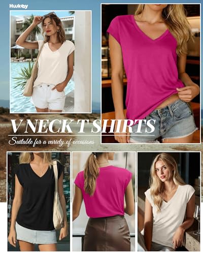 Image of Huukeay 3 Pack Women's V Neck Cap Sleeve T Shirts | Short Sleeve Basic Tees, Loose Fit Soft Tops for Women, Casual Lightweight Shirts, Everyday Summer Clothes