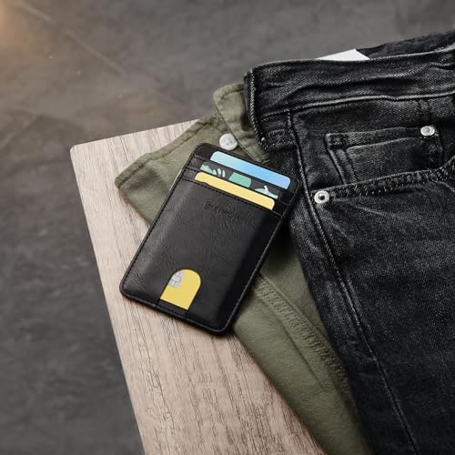 Image of Buffway Mens Slim Wallet, Minimalist Thin Front Pocket Leather Credit Card Holder with RFID Blocking for Work Travel | Minimalist