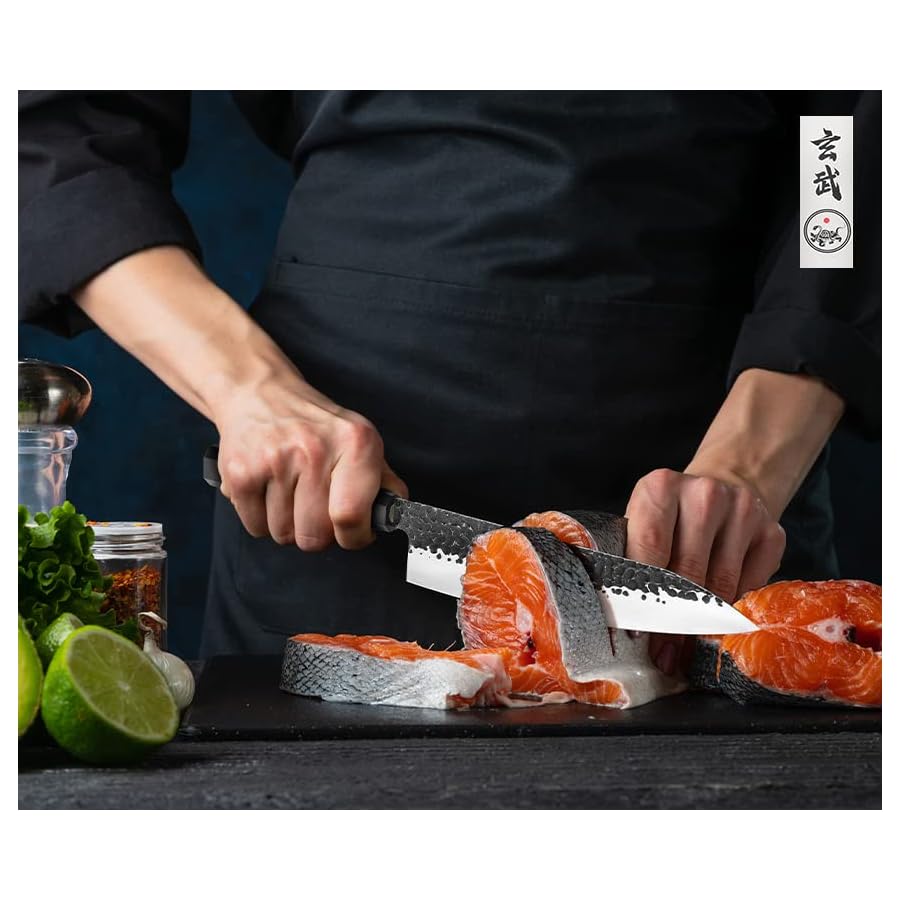 Concord Genbu Traditional Japanese Chef's Knife Raw Hammered Double Beveled 9CR18MOV Blade w/ 60 HRC. Tortoise Shell Resin Handle. Comes with Magnetic Magnolia Wood Sheath with Stand. (7" Nakiri)