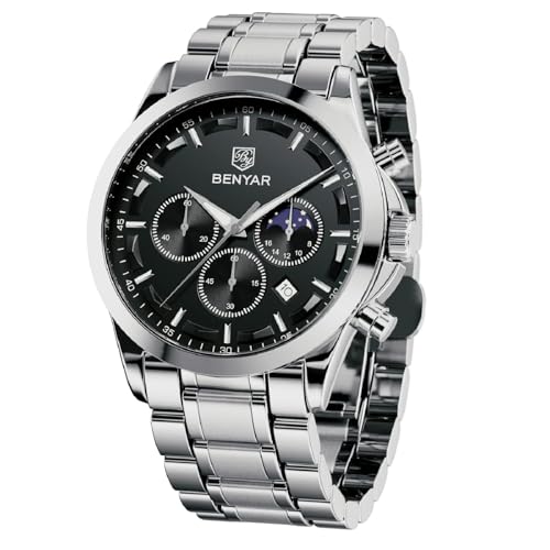 Image of BY BENYAR Men's Watches Waterproof Sport Military Watch for Men Multifunction Chronograph Black Fashion Quartz Wristwatches Calendar with Leather Strap