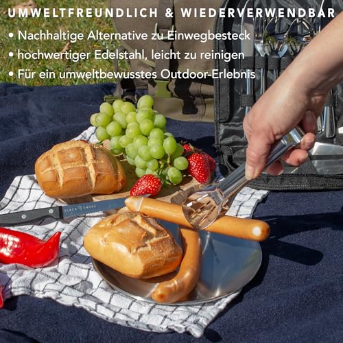 Black Snake Edelstahl Camping Geschirr Set - Teller, Besteck, Grillzange & Steakmesser - Mit Transporttasche - Langlebig - Perfekt für Outdoor & Picknick - 2 Personen - Set