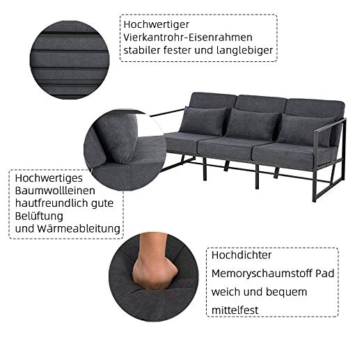 Mingone Sofa 3 Sitzer, Kleines Sofa, Küchensofa, Mehrsitzsofa, Sitzgruppe mit Metallgestell Leinenbezug, Retro-Stuhl, Couch für Wohnzimmer Küche(Grau, 168 x 72 x 72 cm) – Bild 5