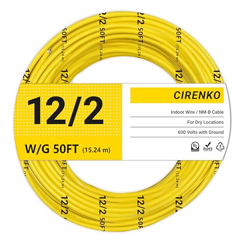CIRENKO 12/2 NM-B Cable 50 FT UL Listed Residential Indoor Electrical Wire with Ground Solid Bare Copper 600V (Yellow Jacket)