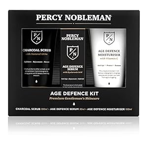 Percy Nobleman Age Defence Kit, a men’s skincare set containing Charcoal Face Scrub (with Natural AHAs), ultra-hydrating Facial Serum (with Hyaluronic Acid), and Moisturiser (with Vitamin C)