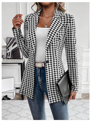 GORGLITTER Women's Houndstooth Long Sleeve Button Blazer Jackets Trendy Open Front Casual Business Work Office Blazers4