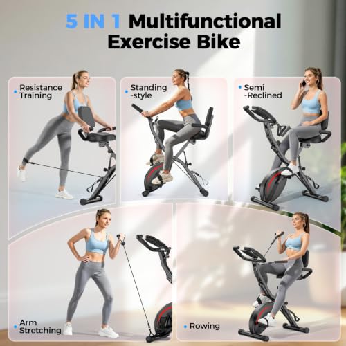 Image of PLENY Folding Exercise Bike, 5 IN 1 Indoor Stationary Bikes for Home | Workout Bike with 6.6 LBS Flywheel, 16-Level Adjustable Magnetic Resistance, 330LB Weight Capacity, Back Support Cushion