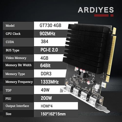 Image of GT 730 4GB GDDR3 GPU 4X HDMI Graphics Card, 4 Independent Display Multi-Monitor Setup, 64-bit DDR3 Video Card
