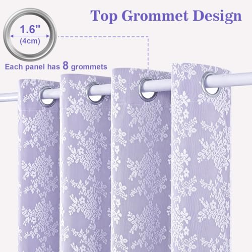 Image of Yinhua Purple Blackout Curtains for Bedroom Double Layer Nursery Curtains for Living Room 63 Inch Length 2 Panels Set Kid Curtain with Floral Sheer Overlay, Grommet Drapes with Tiebacks, 52 inch W x 63 inch L