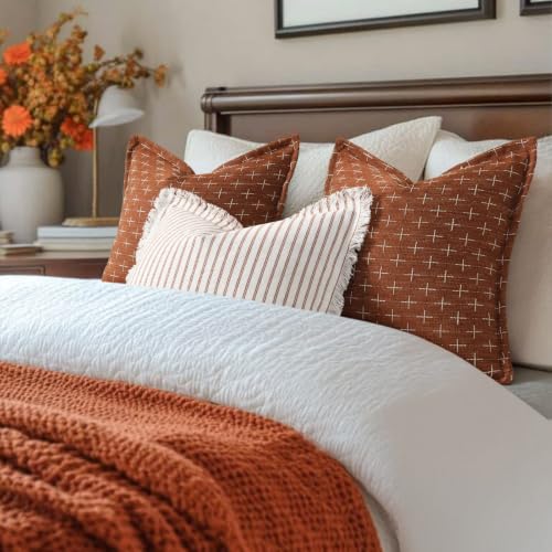 Image of ZWJD Fall Throw Pillow Covers 18x18 Set of 2 Striped Pillow Covers with Fringe Chic Cotton Decorative Pillows Square Cushion Covers for Sofa Couch Bed Living Room Fall Decor,Rust