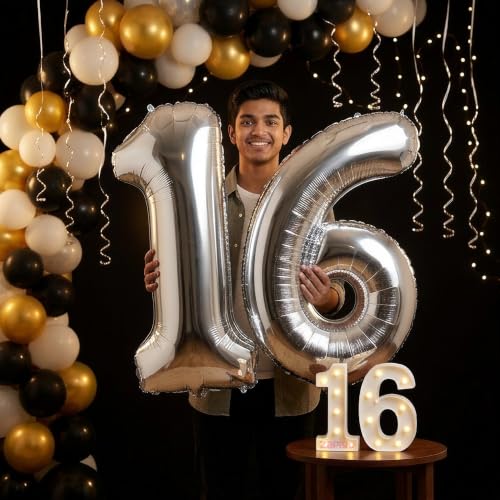 Image of Balloonistics Silver 40-Inch Foil Number 16 Balloon with Matching LED Marquee Light - Combo Set for 16th Birthday, Anniversary, Party Decoration, Photo Booth Backdrop