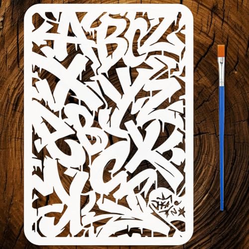 FINGERINSPIRE Doodle Letter Painting Stencil with Paint Brush 8.3x11.7inch Graffiti Alphabet Drawing Template A4 Reusable Letters Pattern Stencil Graffiti Theme Template for Painting on Wood